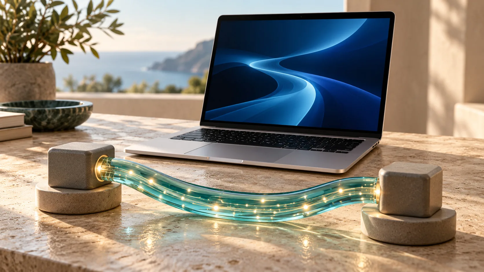 Best VPN for Mac illustrated by a MacBook beside a glowing protected data tunnel