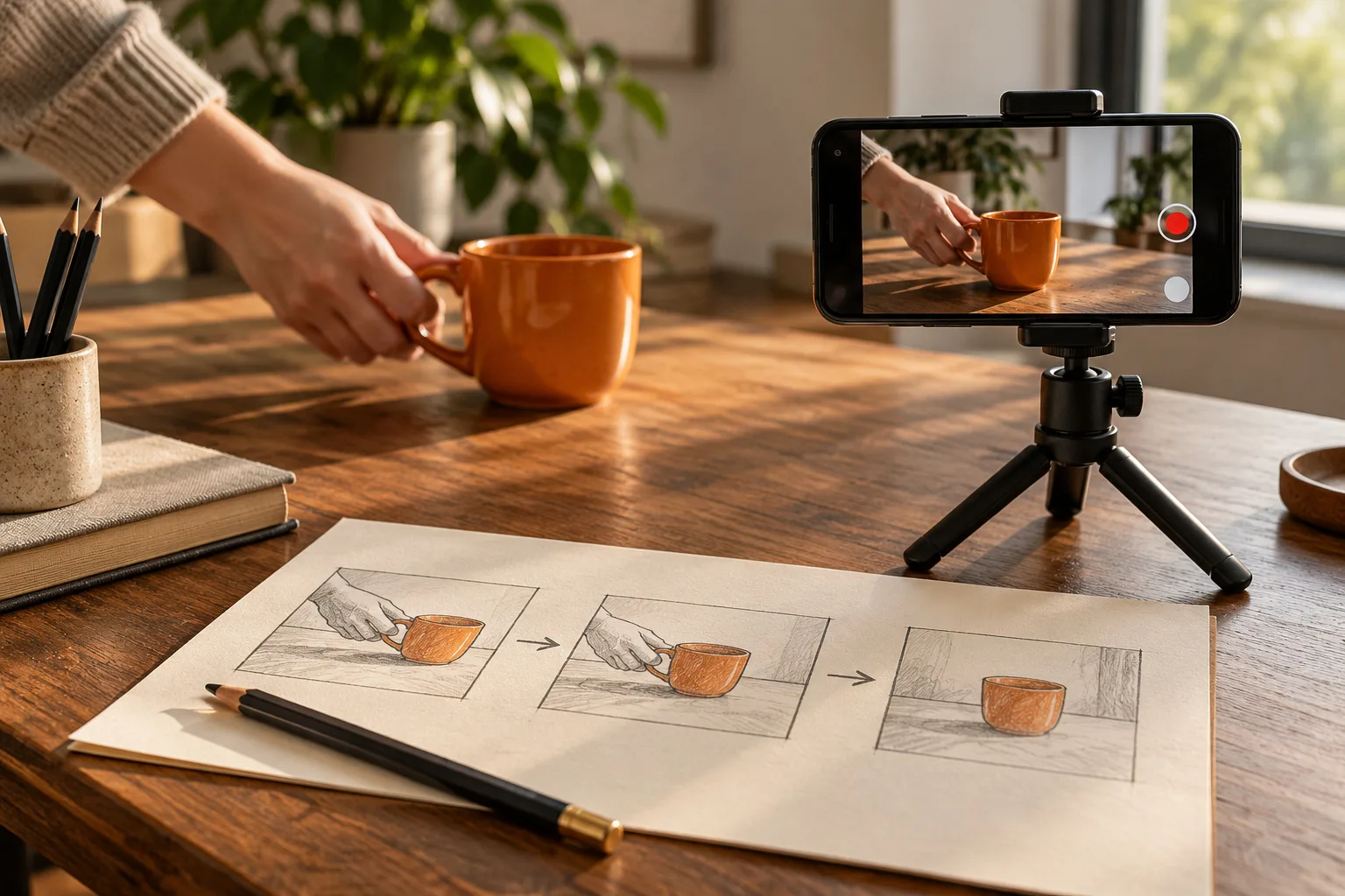 A paper storyboard beside a smartphone filming an orange cup, illustrating a video script template in use.