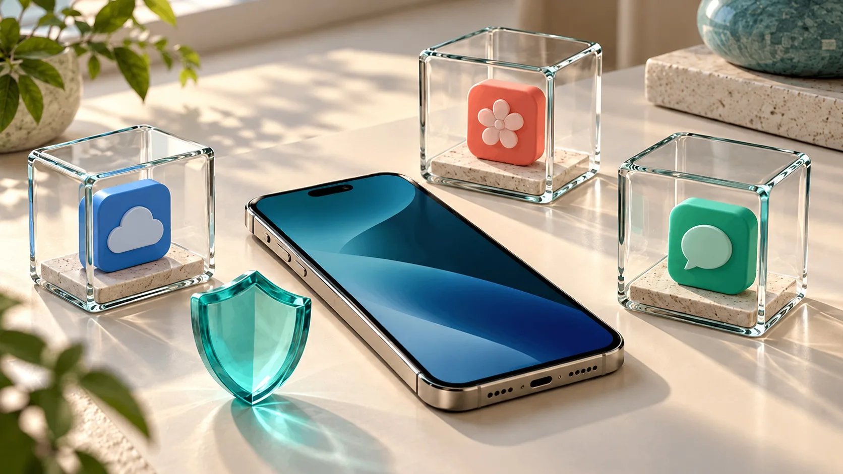 An iPhone beside a glass shield and isolated app icons, illustrating protection choices in this best antivirus for iPhone guide.