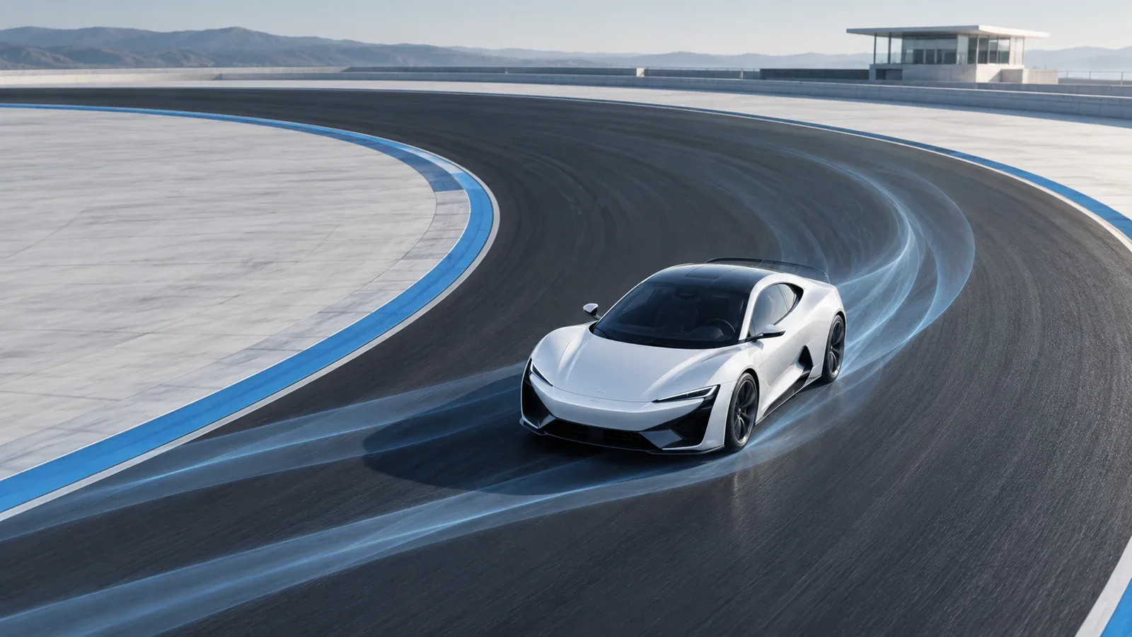 Electric Sports Car Track Testing AI-generated conceptual illustration of controlled track testing. It does not depict a measured Roadster result or verified airflow.