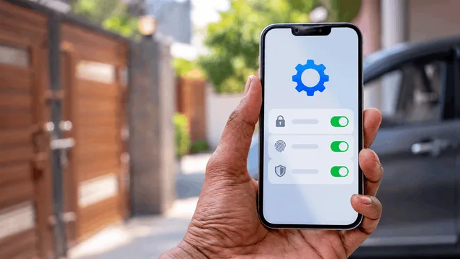 A person holding an iPhone outdoors with an illustrative security settings screen.